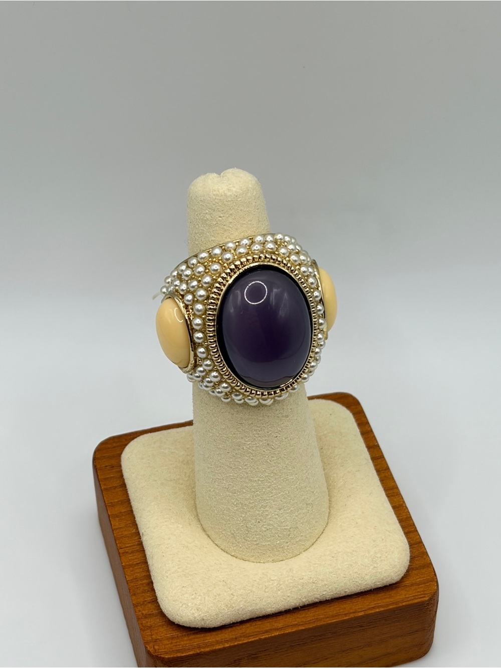 Camille Lucie Statement Cocktail Ring with Purple Cabochon and Cream Accents